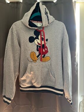 Disney Gray Mickey Mouse Embroidered Pullover Hoodie with Red Drawstrings